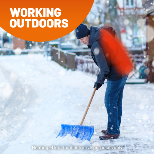 Man shoveling snow with an illustrated heated back from HotHands